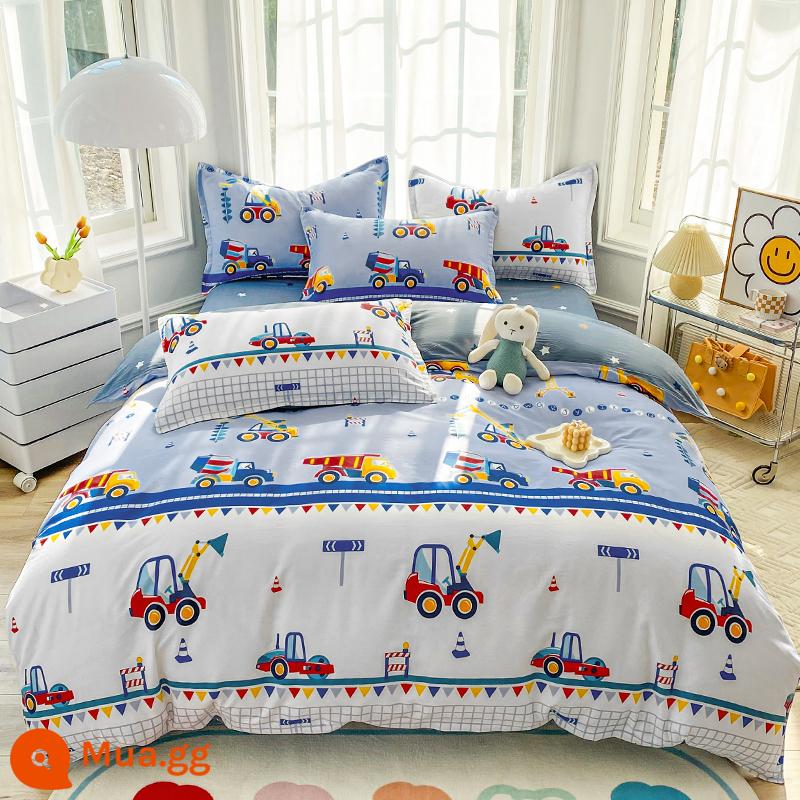 4 Bộ Cotton Nguyên Chất Cotton 100 Bé Trai Hoạt Hình Giường Vỏ Chăn Ga Gối Trẻ Em Đĩa Đơn 3 Khủng Long 4 - đội kỹ thuật nhỏ