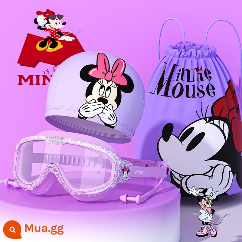 Disney Kính Bơi Trẻ Em Mũ Bơi Bé Trai Bé Gái Kính Bơi Chống Nước Chống Sương Mù HD Chuyên Nghiệp Kính Lặn Bộ - Bobo Tím-Minnie+mũ bơi+túi bơi