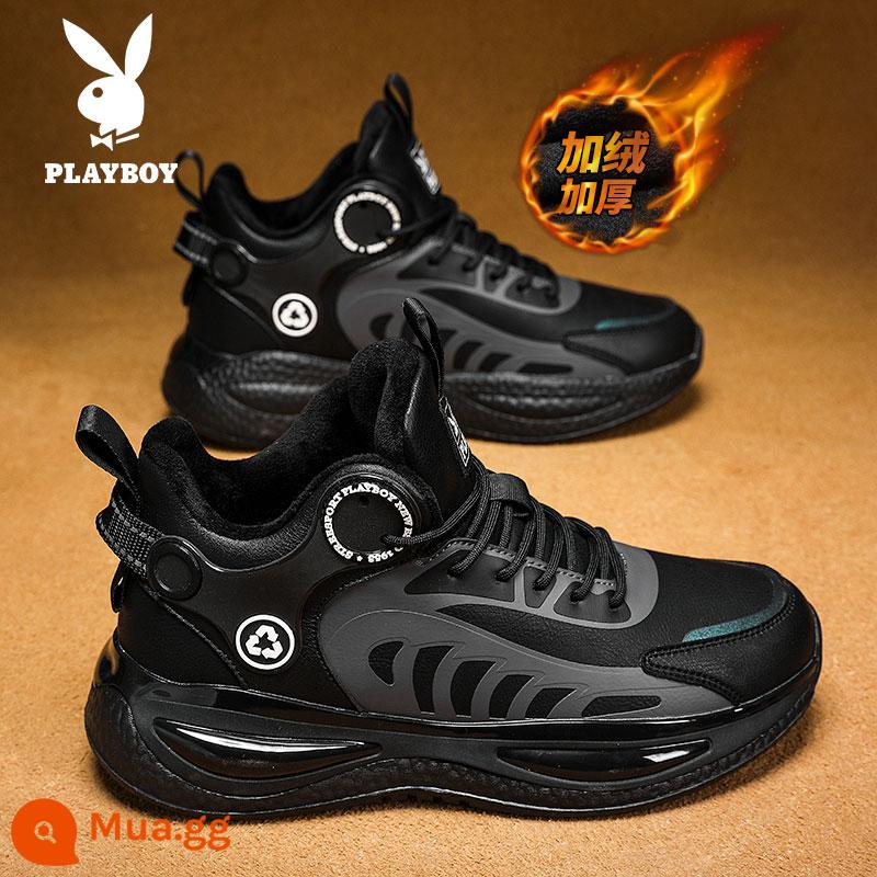 Giày Nam Playboy Thu Đông 2022 Plus Nhung Đế Dày Thể Thao Ống Cao Nam Tăng Chiều Cao Sinh Viên Giày Cotton Nam - KX-369-2 đen/xám cộng với nhung