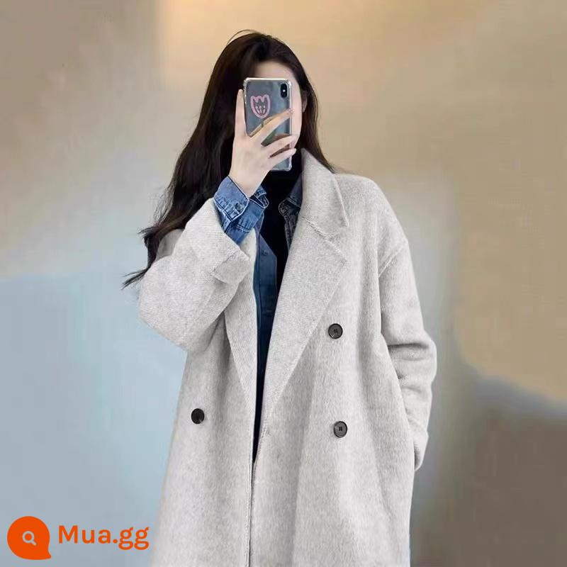 Áo khoác len cashmere hai mặt cao cấp dành cho nữ mùa đông 2023 Áo khoác len dày phong cách Hepburn mới dành cho người nhỏ - Màu bột yến mạch [áo khoác cashmere]