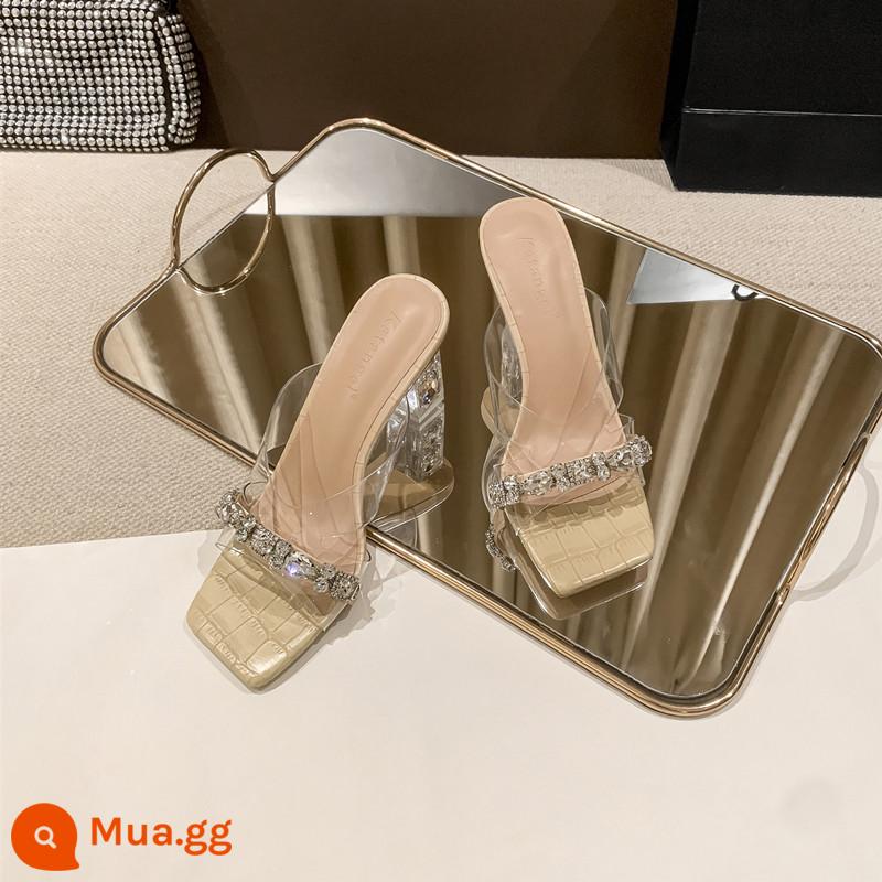 Giày cao gót mũi nhọn đính đá thời trang nữ mùa hè 2022 giày sandal cao gót pha lê trong suốt mới Slip On - Quả mơ 4cm