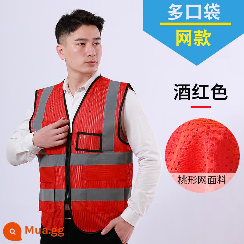 Phản xạ áo vest Phản xạ Máy chủ xây dựng phản chiếu áo an toàn Vests Traffic Refression - Lưới nhiều túi màu đỏ tía