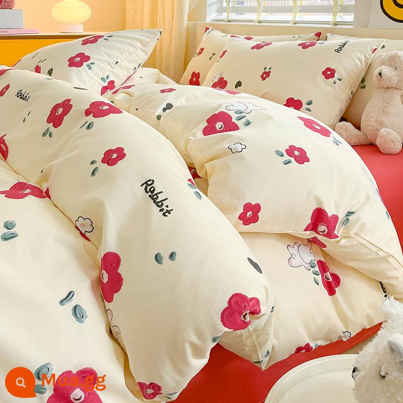 Ins Gió Hoạt Hình Bộ 4 Bộ Cotton Nguyên Chất 100 Cotton Ga Trải Giường Vỏ Chăn Lưới Chăn Ga Gối Màu Đỏ Ký Túc Xá 3 Mảnh Ga Giường - con thỏ nhỏ màu đỏ