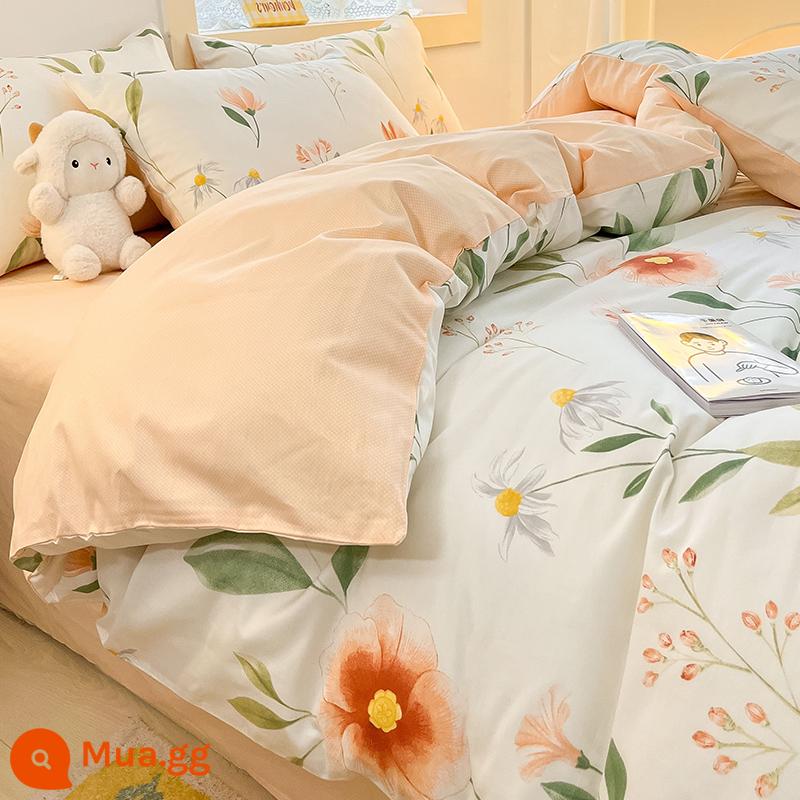 Ins phong cách nông thôn cotton nguyên chất 4 mảnh 100 cotton ga trải giường hoa chăn ga trải giường màu hồng ba mảnh được trang bị tấm - mùa hoa lãng mạn