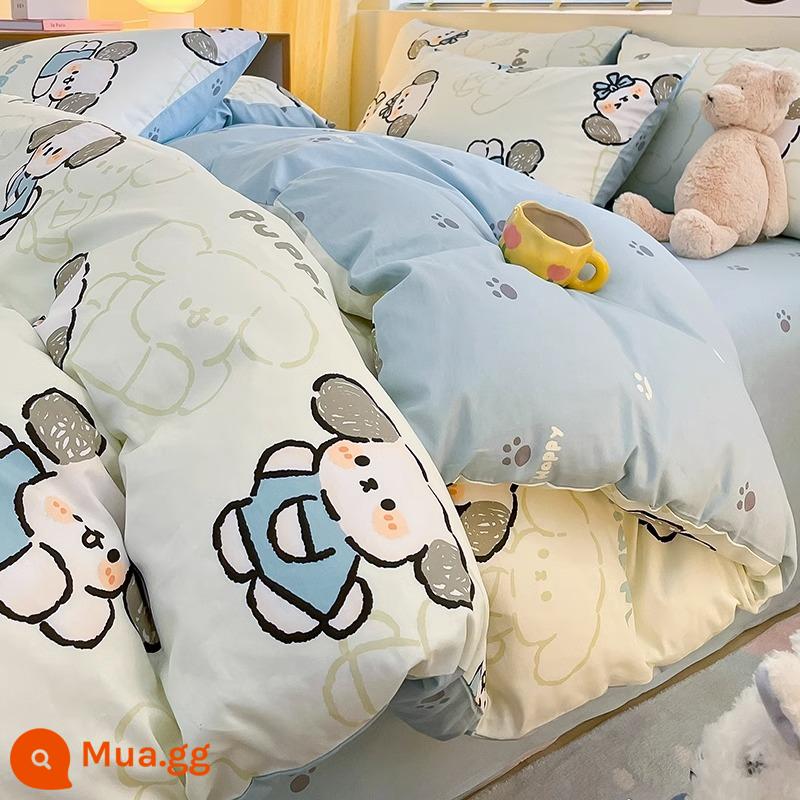 Ins Gió Hoạt Hình Bộ 4 Bộ Cotton Nguyên Chất 100 Cotton Ga Trải Giường Vỏ Chăn Lưới Chăn Ga Gối Màu Đỏ Ký Túc Xá 3 Mảnh Ga Giường - chó bani