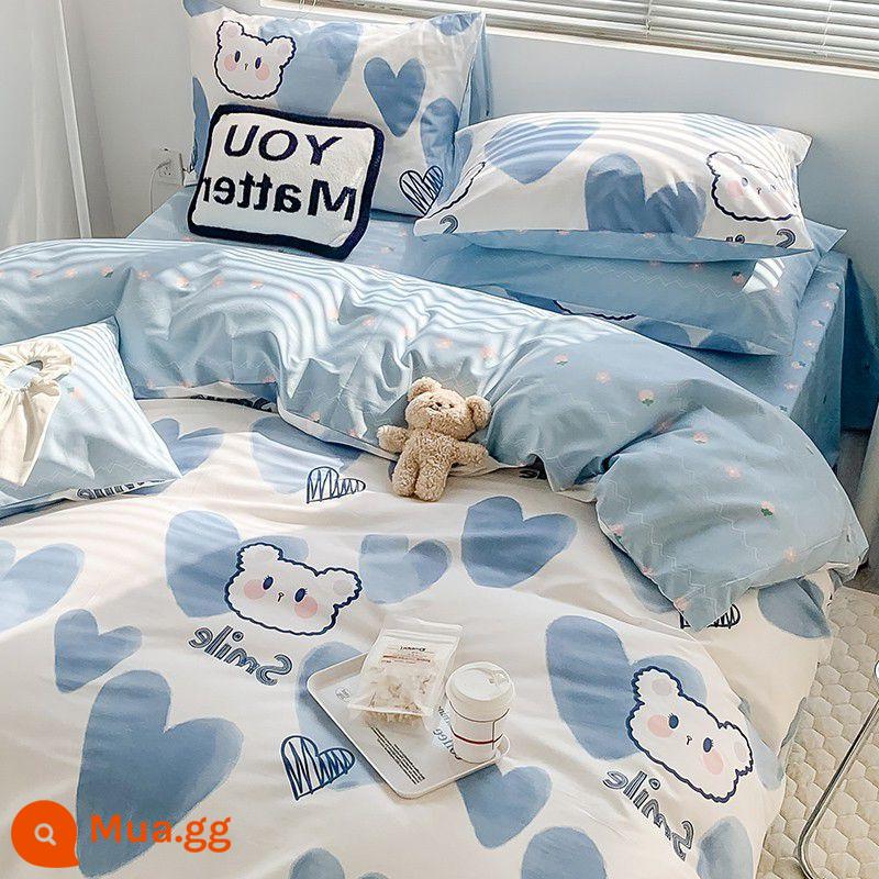 Ins Gió Hoạt Hình Bộ 4 Bộ Cotton Nguyên Chất 100 Cotton Ga Trải Giường Vỏ Chăn Lưới Chăn Ga Gối Màu Đỏ Ký Túc Xá 3 Mảnh Ga Giường - gấu trái tim màu xanh