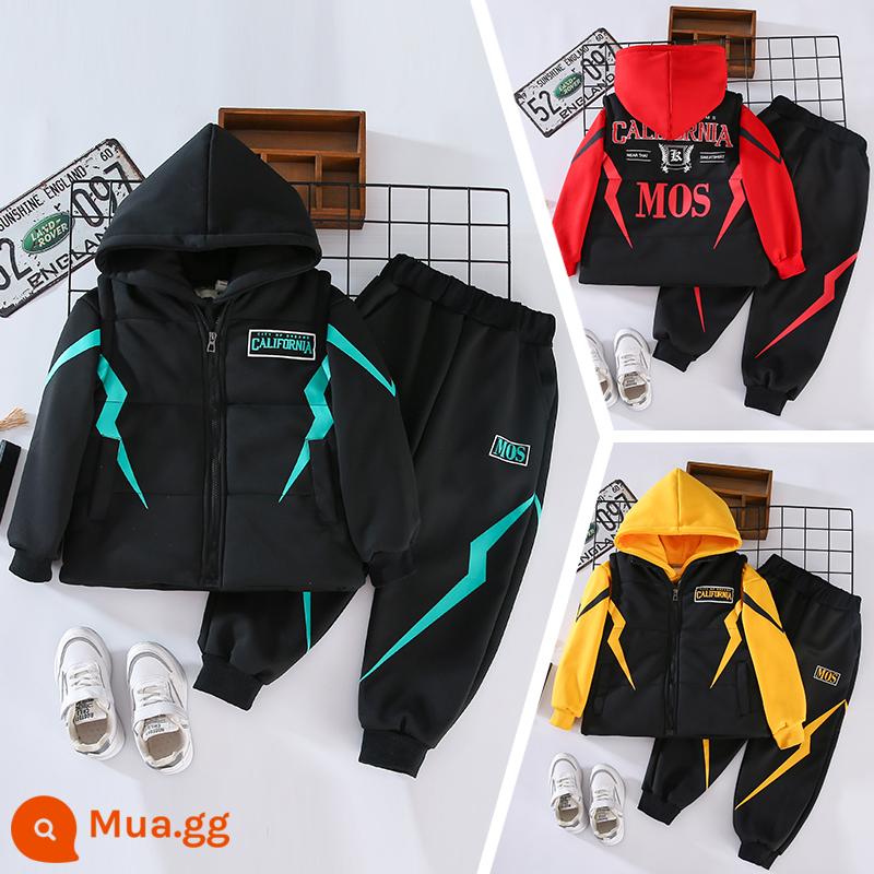 Internet Người nổi tiếng quần áo trẻ em 6 Boys Spring và Autumn Sport - Bộ đồ ba mảnh A015 Lightning plus nhung màu đen [áo ghi lê + áo nỉ + quần]