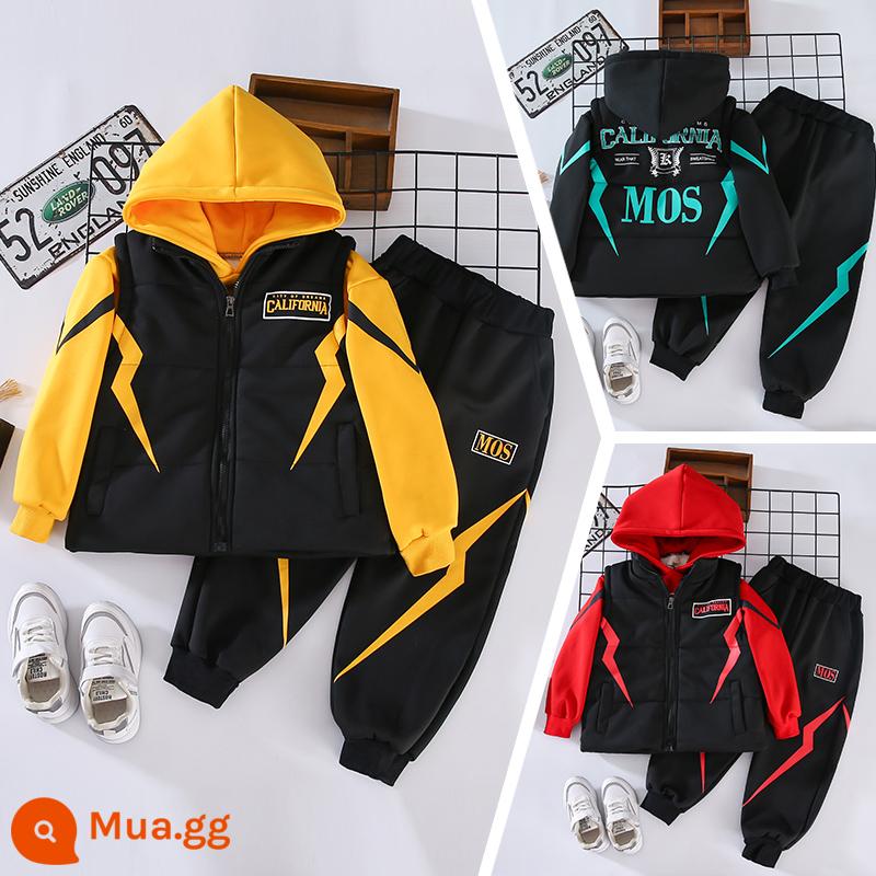 Internet Người nổi tiếng quần áo trẻ em 6 Boys Spring và Autumn Sport - Bộ ba món A015 Lightning plus nhung màu vàng [áo ghi lê + áo nỉ + quần]