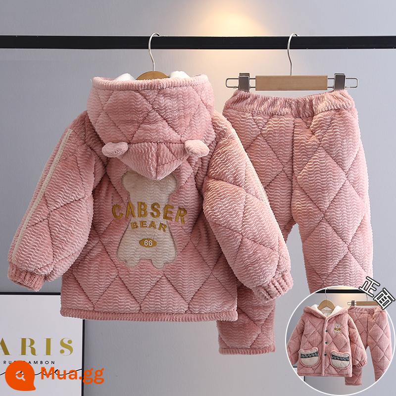 Trẻ Em Bộ Đồ Ngủ Mùa Đông Dày Plus Nhung Plus Cotton Nỉ Hoạt Hình Có Mũ Trùm Đầu Bé Trai Nhà Quần Áo Nỉ San Hô Phù Hợp Với Mùa Đông - H38-Túi viền hồng và đen