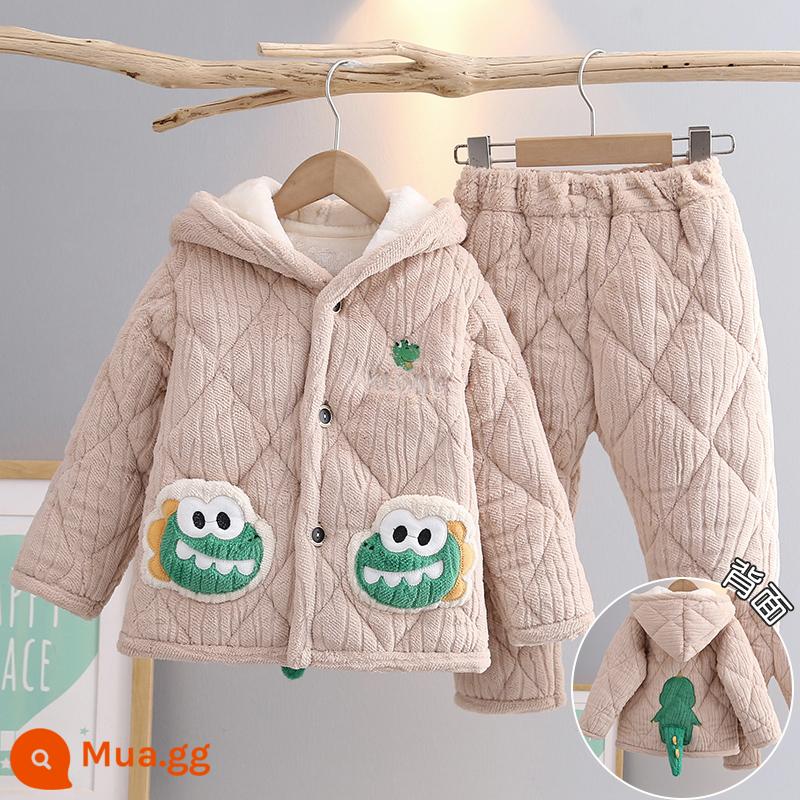 Trẻ Em Bộ Đồ Ngủ Mùa Đông Dày Plus Nhung Plus Cotton Nỉ Hoạt Hình Có Mũ Trùm Đầu Bé Trai Nhà Quần Áo Nỉ San Hô Phù Hợp Với Mùa Đông - H173-Mi Rồng Cười