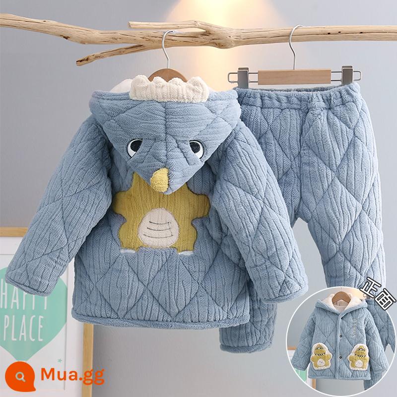 Trẻ Em Bộ Đồ Ngủ Mùa Đông Dày Plus Nhung Plus Cotton Nỉ Hoạt Hình Có Mũ Trùm Đầu Bé Trai Nhà Quần Áo Nỉ San Hô Phù Hợp Với Mùa Đông - Khủng long H185-Blue Q