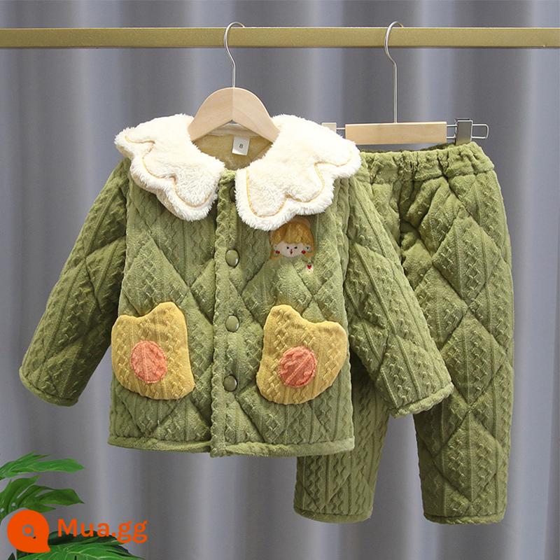 Trẻ Em Bộ Đồ Ngủ Mùa Đông Dày Plus Nhung Plus Cotton Nỉ Hoạt Hình Có Mũ Trùm Đầu Bé Trai Nhà Quần Áo Nỉ San Hô Phù Hợp Với Mùa Đông - H110-nơ thêu cổ xanh