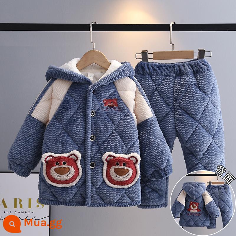 Trẻ Em Bộ Đồ Ngủ Mùa Đông Dày Plus Nhung Plus Cotton Nỉ Hoạt Hình Có Mũ Trùm Đầu Bé Trai Nhà Quần Áo Nỉ San Hô Phù Hợp Với Mùa Đông - H24-Gấu đỏ xanh nhạt