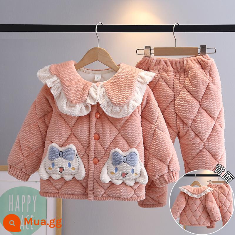 Trẻ Em Bộ Đồ Ngủ Mùa Đông Dày Plus Nhung Plus Cotton Nỉ Hoạt Hình Có Mũ Trùm Đầu Bé Trai Nhà Quần Áo Nỉ San Hô Phù Hợp Với Mùa Đông - H44-Hồng cổ ren hoa mộc tê