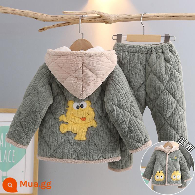 Trẻ Em Bộ Đồ Ngủ Mùa Đông Dày Plus Nhung Plus Cotton Nỉ Hoạt Hình Có Mũ Trùm Đầu Bé Trai Nhà Quần Áo Nỉ San Hô Phù Hợp Với Mùa Đông - H191-Đậu Xanh Mắt To