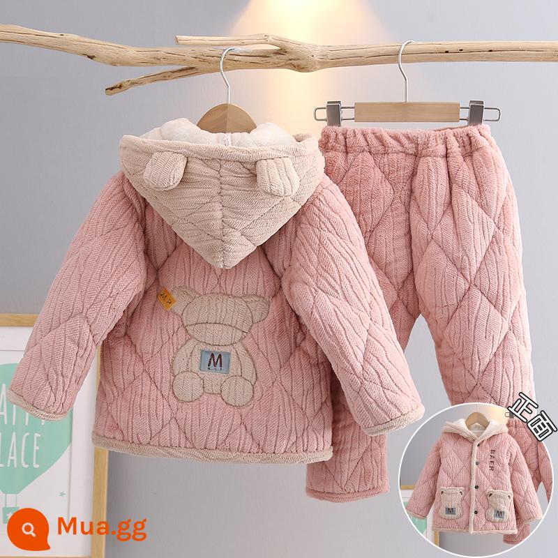 Trẻ Em Bộ Đồ Ngủ Mùa Đông Dày Plus Nhung Plus Cotton Nỉ Hoạt Hình Có Mũ Trùm Đầu Bé Trai Nhà Quần Áo Nỉ San Hô Phù Hợp Với Mùa Đông - H177-Gấu Hồng M