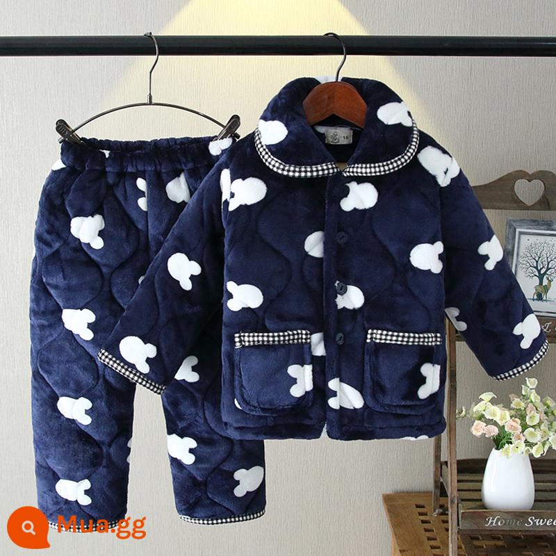 Bộ đồ ngủ trẻ em mùa đông 3 lớp dày chần bông flannel phù hợp với bé gái san hô trang mới bé trai nhà quần áo - H316 Đầu Mickey