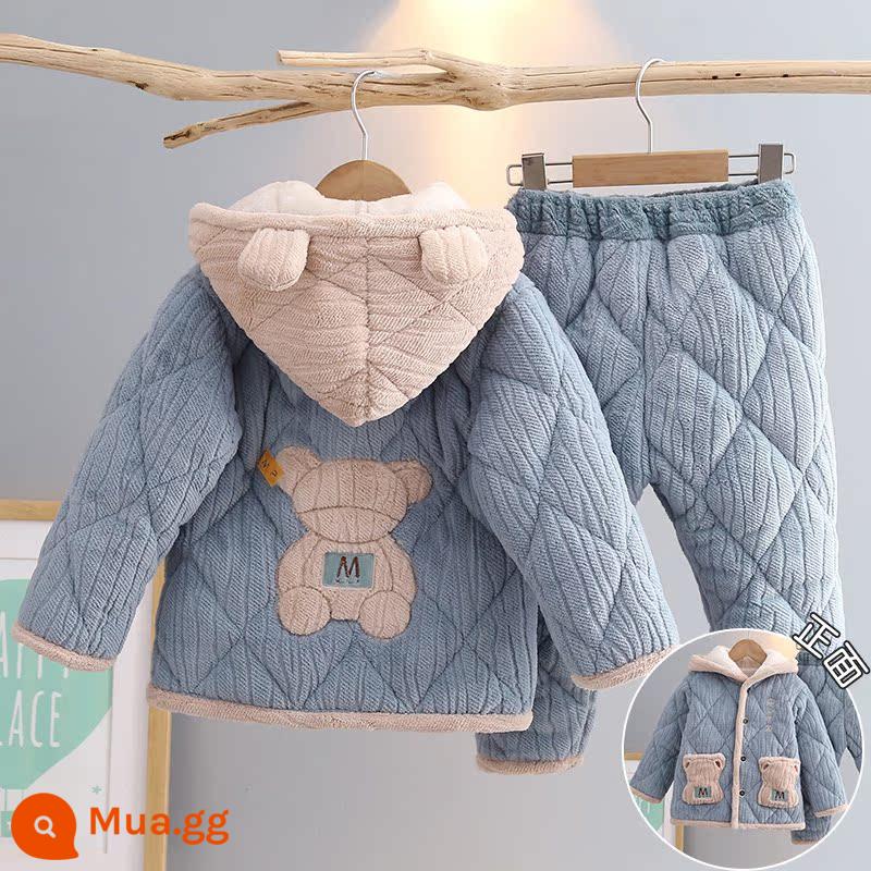 Trẻ Em Bộ Đồ Ngủ Mùa Đông Dày Plus Nhung Plus Cotton Nỉ Hoạt Hình Có Mũ Trùm Đầu Bé Trai Nhà Quần Áo Nỉ San Hô Phù Hợp Với Mùa Đông - H176-Blue M Gấu