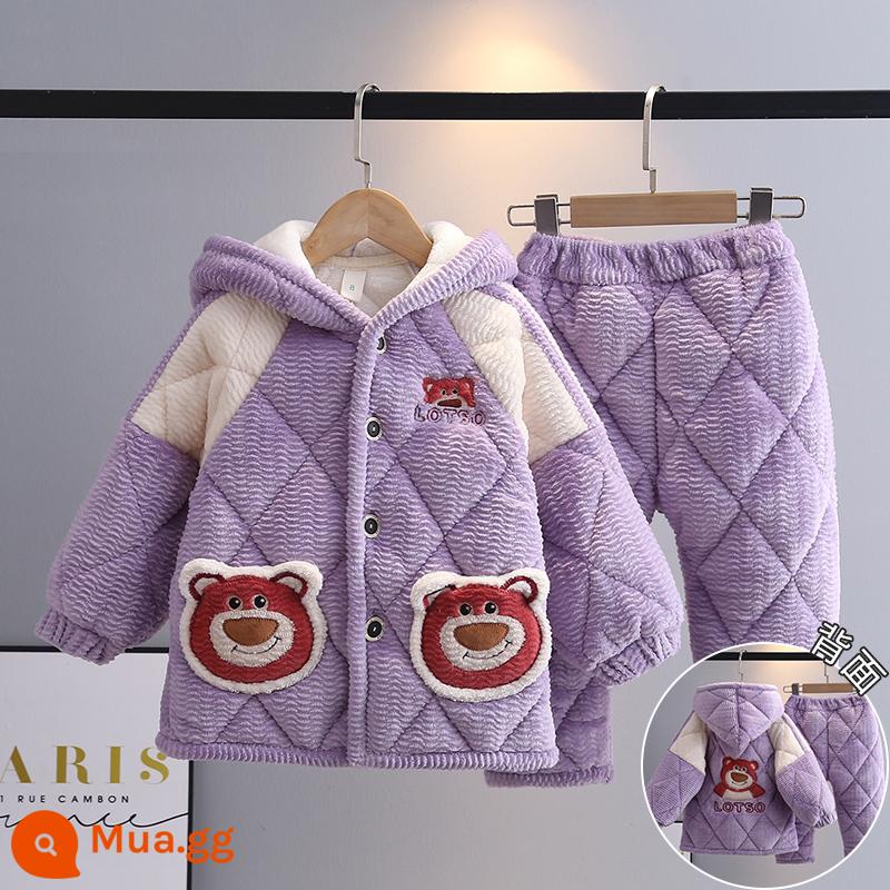 Trẻ Em Bộ Đồ Ngủ Mùa Đông Dày Plus Nhung Plus Cotton Nỉ Hoạt Hình Có Mũ Trùm Đầu Bé Trai Nhà Quần Áo Nỉ San Hô Phù Hợp Với Mùa Đông - H27-Gấu Tím