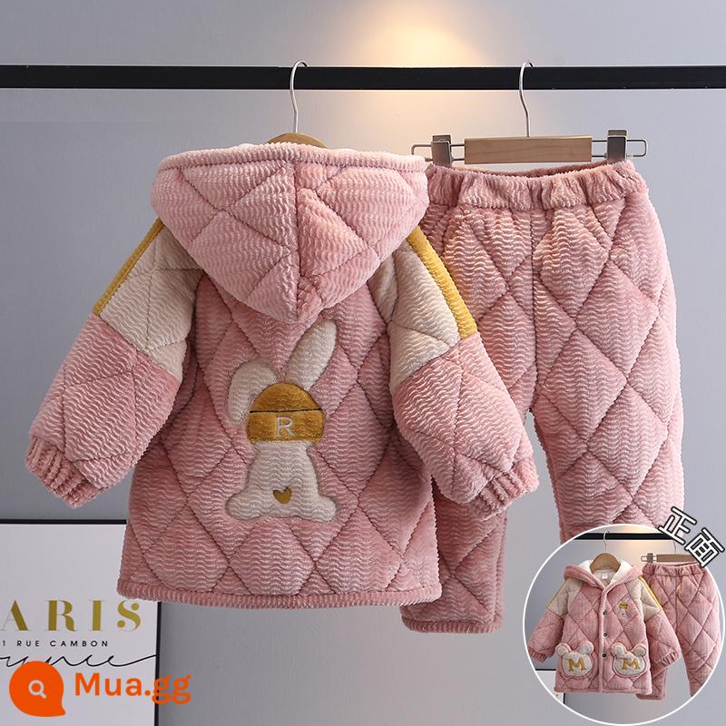 Trẻ Em Bộ Đồ Ngủ Mùa Đông Dày Plus Nhung Plus Cotton Nỉ Hoạt Hình Có Mũ Trùm Đầu Bé Trai Nhà Quần Áo Nỉ San Hô Phù Hợp Với Mùa Đông - H31-Thỏ Hồng M