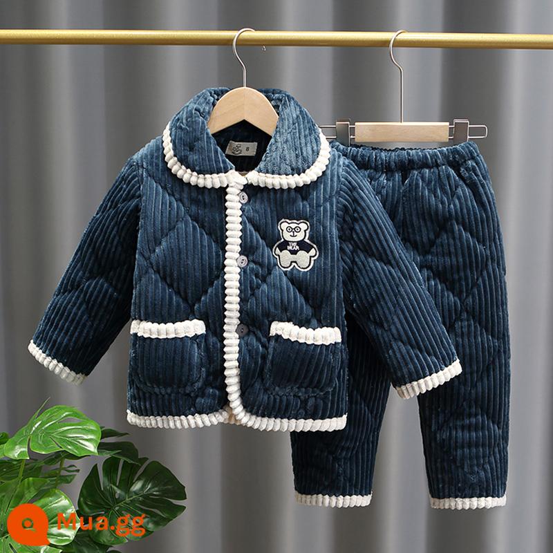 Bộ đồ ngủ trẻ em mùa đông 3 lớp dày chần bông flannel phù hợp với bé gái san hô trang mới bé trai nhà quần áo - H327-Gấu sọc dọc kính xanh