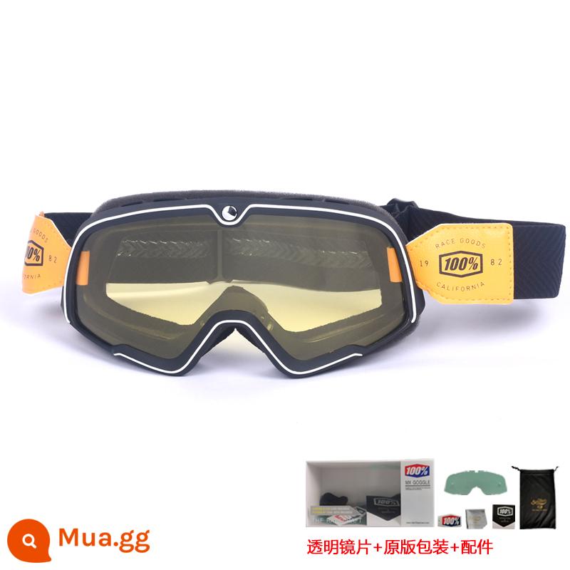 100% kính xe máy Harley retro chống gió cát kính xe máy off-road cưỡi mũ bảo hiểm 3/4 kính - Phim vàng gọng đen - đai đen (gửi lens trong suốt + bao bì gốc)