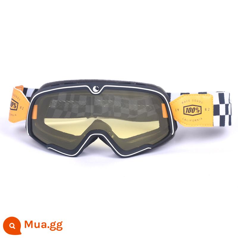 100% kính xe máy Harley retro chống gió cát kính xe máy off-road cưỡi mũ bảo hiểm 3/4 kính - Phim vàng gọng đen - kính thắt lưng hình bàn cờ, tròng kính trong suốt thay thế miễn phí