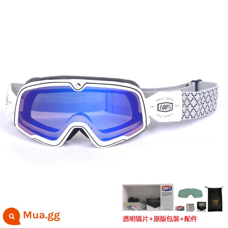 100% kính xe máy Harley retro chống gió cát kính xe máy off-road cưỡi mũ bảo hiểm 3/4 kính - Vành đai kim cương-phim xanh khung trắng (gửi ống kính trong suốt + bao bì gốc)