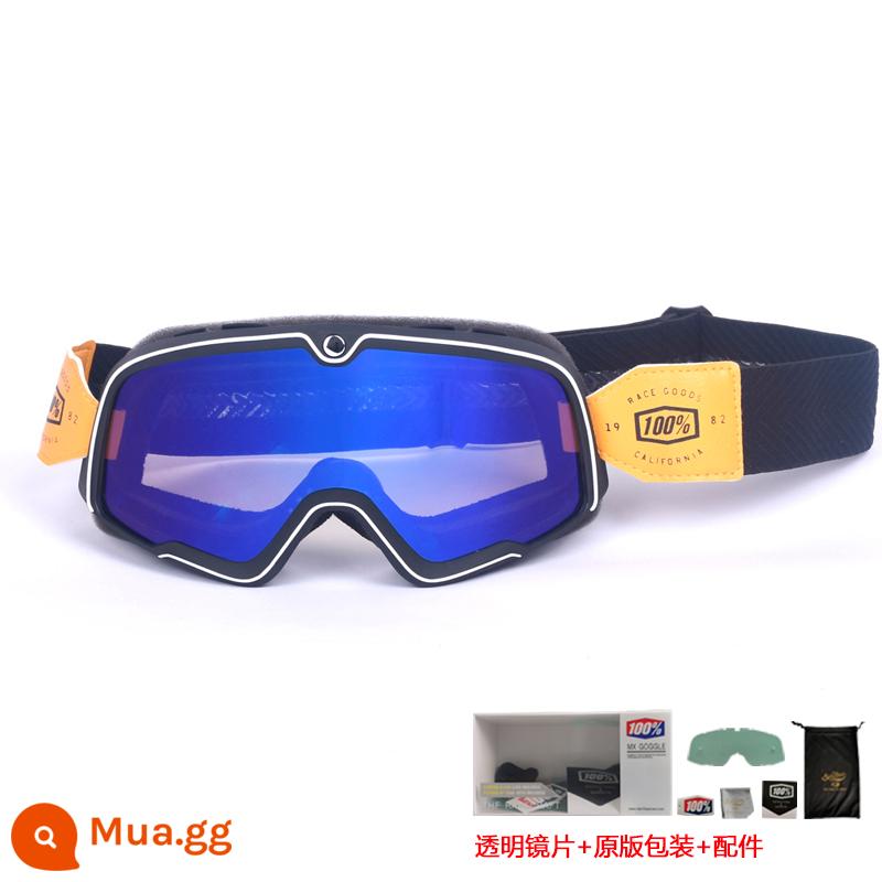 100% kính xe máy Harley retro chống gió cát kính xe máy off-road cưỡi mũ bảo hiểm 3/4 kính - Phim xanh gọng đen - đai đen (gửi tròng kính trong suốt + bao bì gốc)