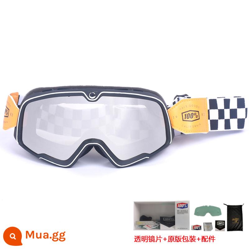 100% kính xe máy Harley retro chống gió cát kính xe máy off-road cưỡi mũ bảo hiểm 3/4 kính - Mảnh bạc khung đen - dây đeo hình bàn cờ (gửi ống kính trong suốt + bao bì gốc)