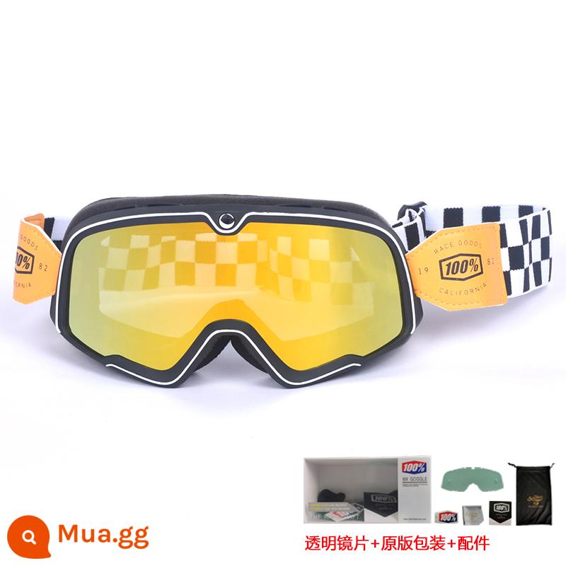 100% kính xe máy Harley retro chống gió cát kính xe máy off-road cưỡi mũ bảo hiểm 3/4 kính - Phim đỏ gọng đen - băng kẻ caro (gửi ống kính trong suốt + bao bì gốc)