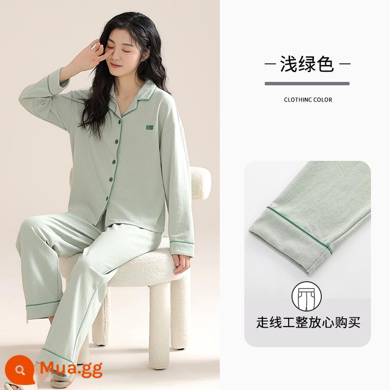 Bộ đồ ngủ Catman dành cho nữ mùa xuân và mùa thu cotton nguyên chất dài tay 2023 mùa đông mới kích thước lớn màu trơn mặc nhà mặc bộ - Xanh nhạt [100% cotton] [Công chúa vui lòng đặt hàng]