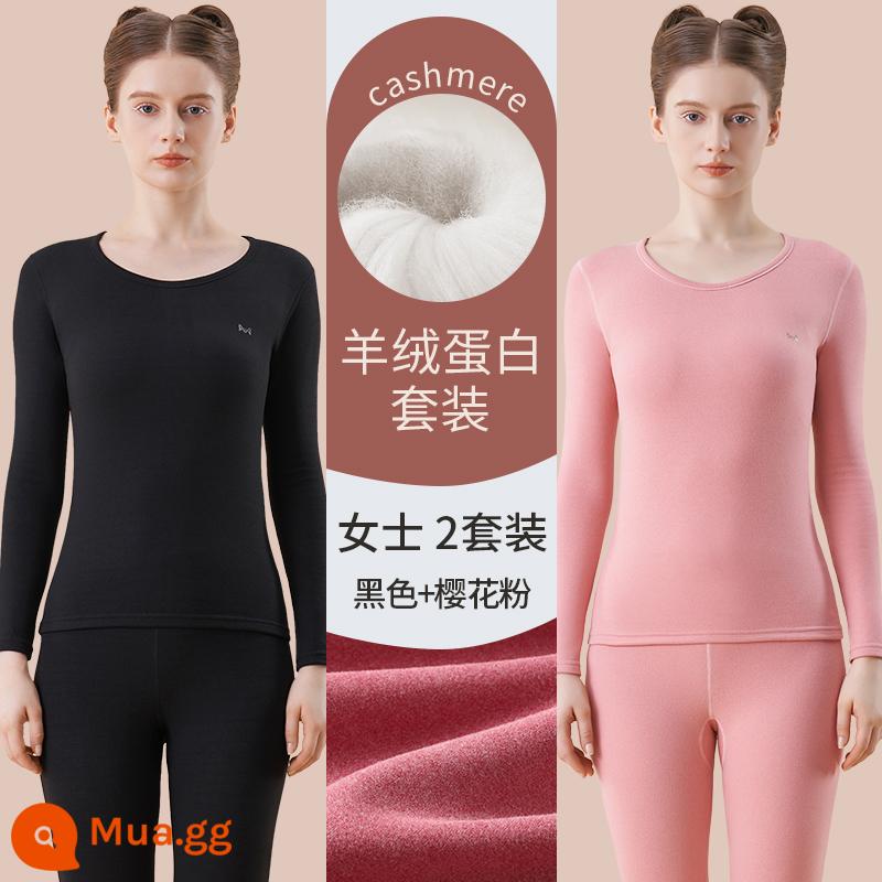 Catman Lụa Cashmere Làm Nóng Quần Áo Nữ Dày Plus Quần Lót Nhung Mặc Quần Áo Mùa Thu Bộ Quần Vệ Sinh Mùa Đông Đáy Áo Sơ Mi - Đen + Hồng Sakura