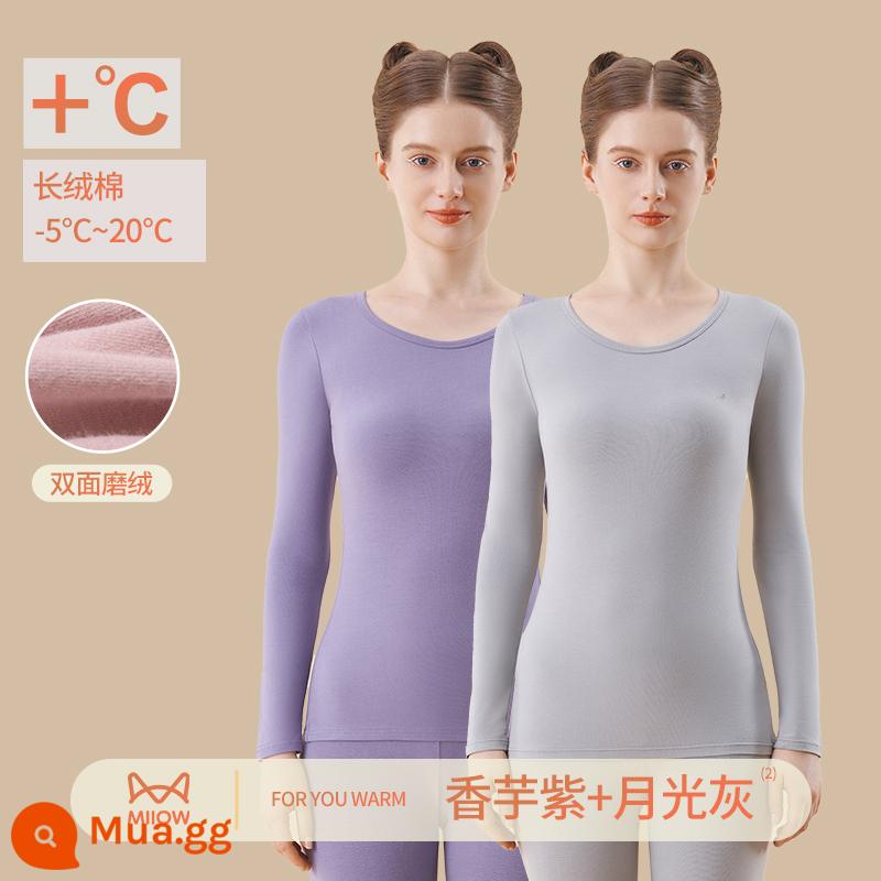 Quần áo sưởi ấm Catman Quần áo cotton nguyên chất mùa thu đông có đáy Áo sơ mi và quần len cotton Bộ quần áo mùa thu mỏng và quần vệ sinh - [Dưỡng ẩm + kháng khuẩn cấp 7A] Bộ hai màu tím khoai môn + xám ánh trăng