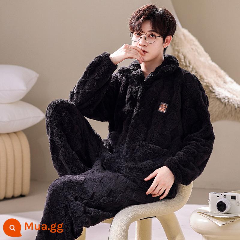 Pyjama pyjamas nam san hô mùa đông san hô dày Velvet ấm áp có thể mặc quần áo nhà sang trọng của nam giới dài - 238318W đen [nhung san hô]