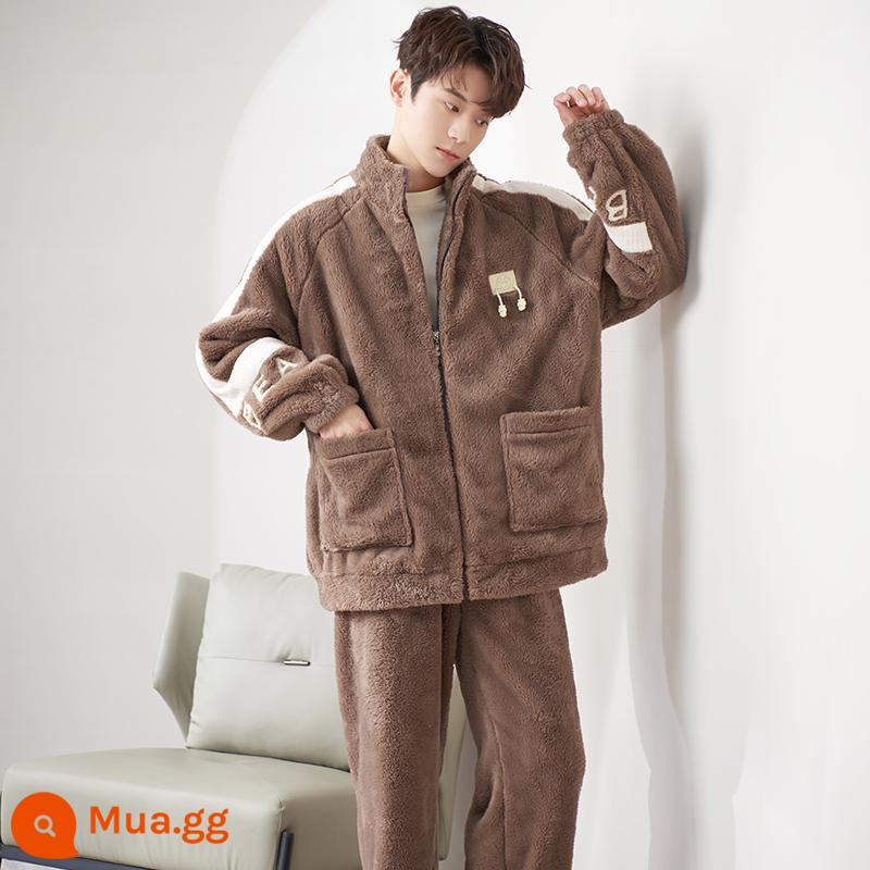 Pyjama pyjamas nam san hô mùa đông san hô dày Velvet ấm áp có thể mặc quần áo nhà sang trọng của nam giới dài - 239178W màu cà phê đậm [nhung bông tuyết]