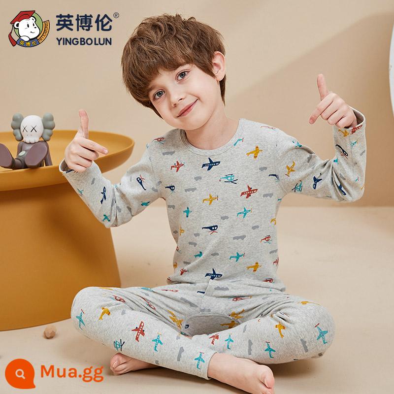 Bộ quần áo thu đông và quần vệ sinh bé trai Inbolun Bộ đồ lót cotton ấm áp nguyên chất cho bé Bộ đồ ngủ Bộ đồ ngủ cotton mùa thu đông cho bé từ trung cấp trở lên - 85004 tro cây gai dầu