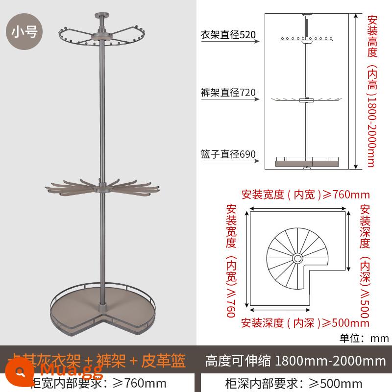 Góc tủ quần áo giá xoay Móc treo xoay 360 độ áo choàng quần đa chức năng giá treo quần giỏ kéo phụ kiện phần cứng - Móc treo quần áo nhỏ 3 tầng (xám) + giá để quần + giỏ lưới (1800-2000)