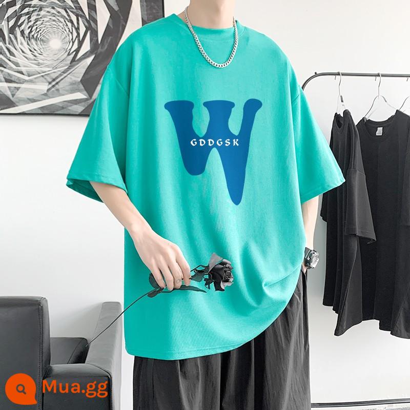 Áo thun nam ngắn tay mùa hè màu hồng cotton dày phong cách Mỹ rộng rãi cảm giác trẻ trung thương hiệu T-shirt nửa tay - DT1313 xanh