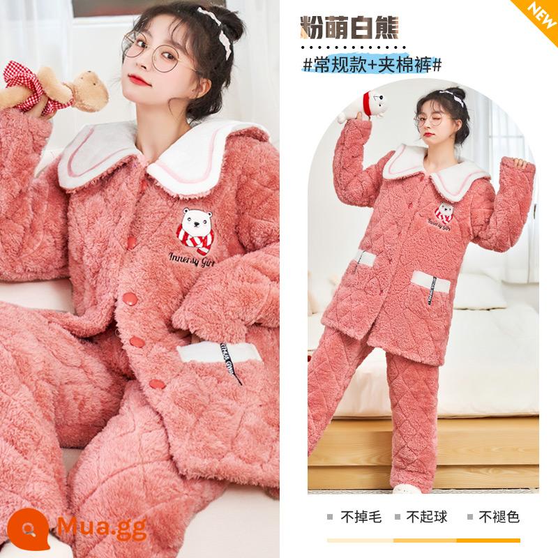 Nỉ san hô váy ngủ nữ mùa thu đông 2022 nhung mới cotton dày Bộ đồ ngủ trung dài flannel dịch vụ tại nhà - Gấu trắng dễ thương màu hồng [kiểu thường + quần chần bông]