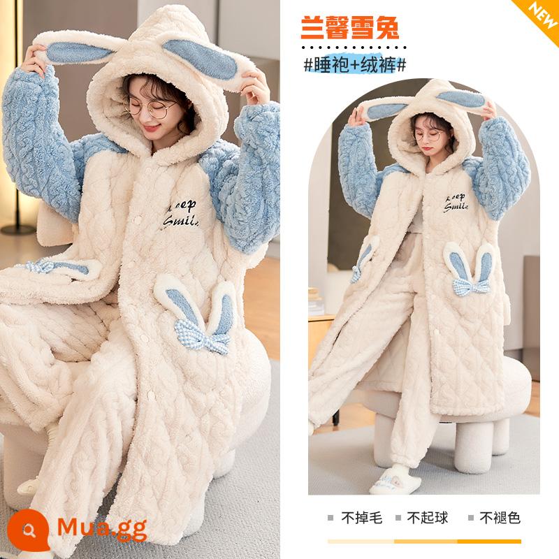 Nỉ san hô váy ngủ nữ mùa thu đông 2022 nhung mới cotton dày Bộ đồ ngủ trung dài flannel dịch vụ tại nhà - Lanxin Snow Rabbit [kiểu váy ngủ + quần nhung]