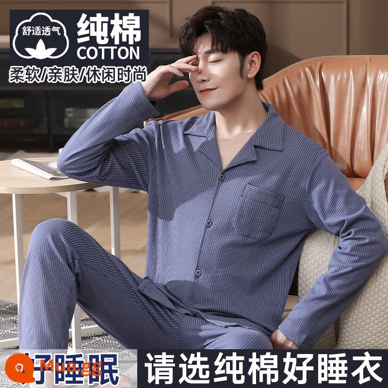 Nanjiren Bộ Đồ Ngủ Nam Nam Xuân Thu Cotton Dài Tay Homewear Nam Thu Đông Bộ Đồ Mỏng - Người uống rượu màu xanh