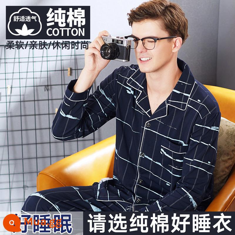 Nanjiren Bộ Đồ Ngủ Nam Nam Xuân Thu Cotton Dài Tay Homewear Nam Thu Đông Bộ Đồ Mỏng - Phong cách màu xanh hải quân