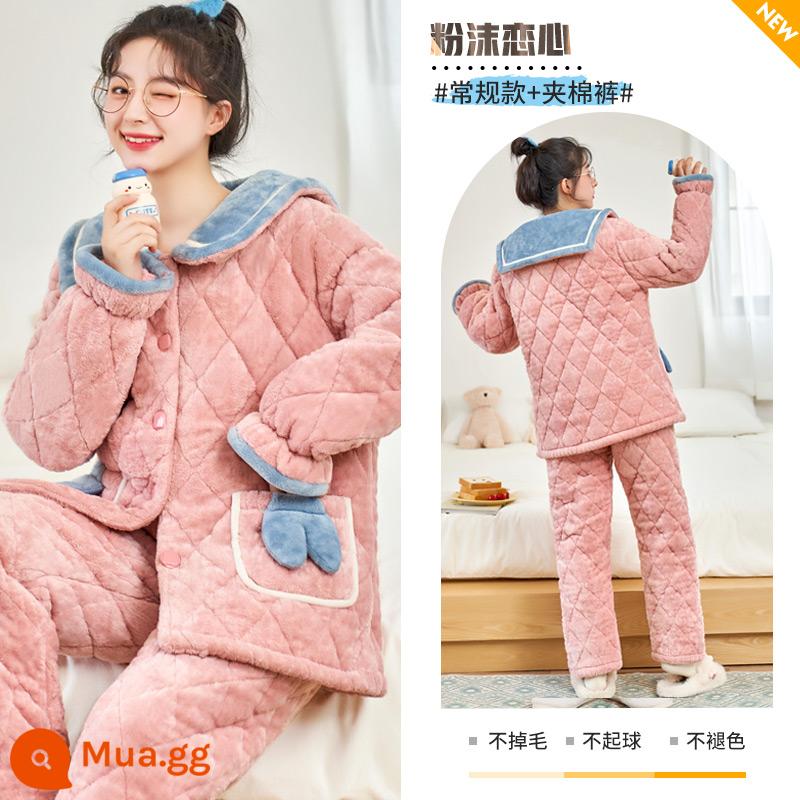 Nỉ san hô váy ngủ nữ mùa thu đông 2022 nhung mới cotton dày Bộ đồ ngủ trung dài flannel dịch vụ tại nhà - Powder Love Heart [kiểu dáng thông thường + quần bông]