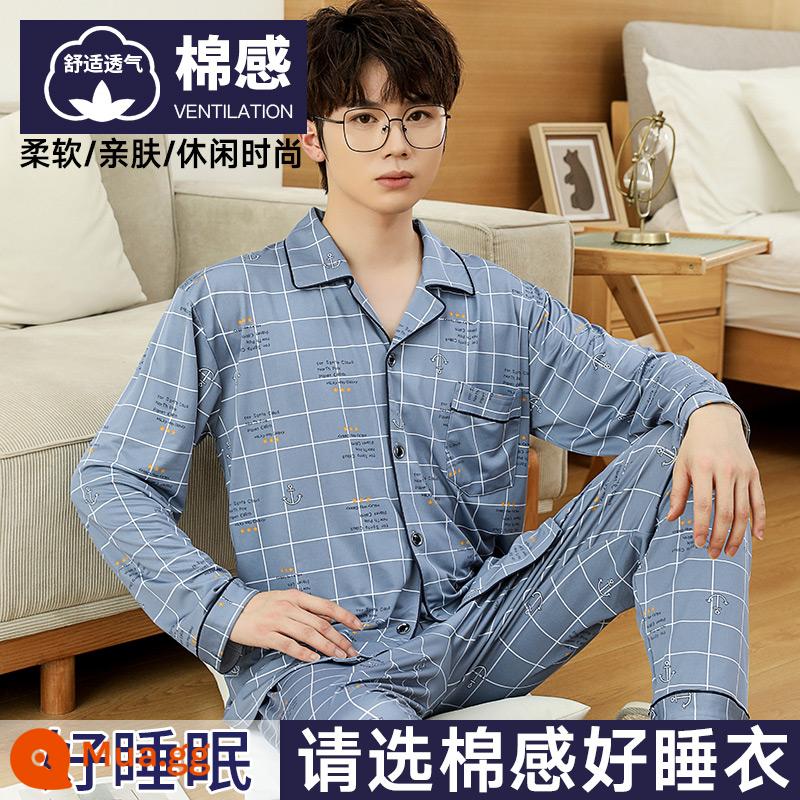 Nanjiren Bộ Đồ Ngủ Nam Nam Xuân Thu Cotton Dài Tay Homewear Nam Thu Đông Bộ Đồ Mỏng - [Cotton Feel] Áo Sơ Mi Xanh Bóng Trăng