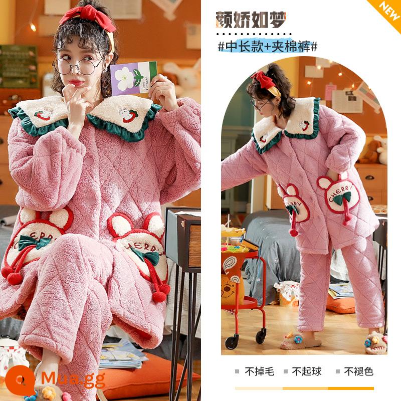 Nỉ san hô váy ngủ nữ mùa thu đông 2022 nhung mới cotton dày Bộ đồ ngủ trung dài flannel dịch vụ tại nhà - Yan Jiao Rumeng [phiên bản dài vừa phải + quần chần bông]