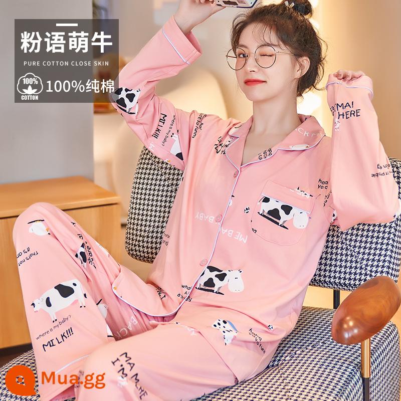 Pyjama Women Spring and Autumn vĩnh viễn cotton cotton cotton dài tay 2022 Kích thước lớn mới trong mùa đông có thể mặc bộ đồ quần áo nhà - Con bò dễ thương biết nói màu hồng