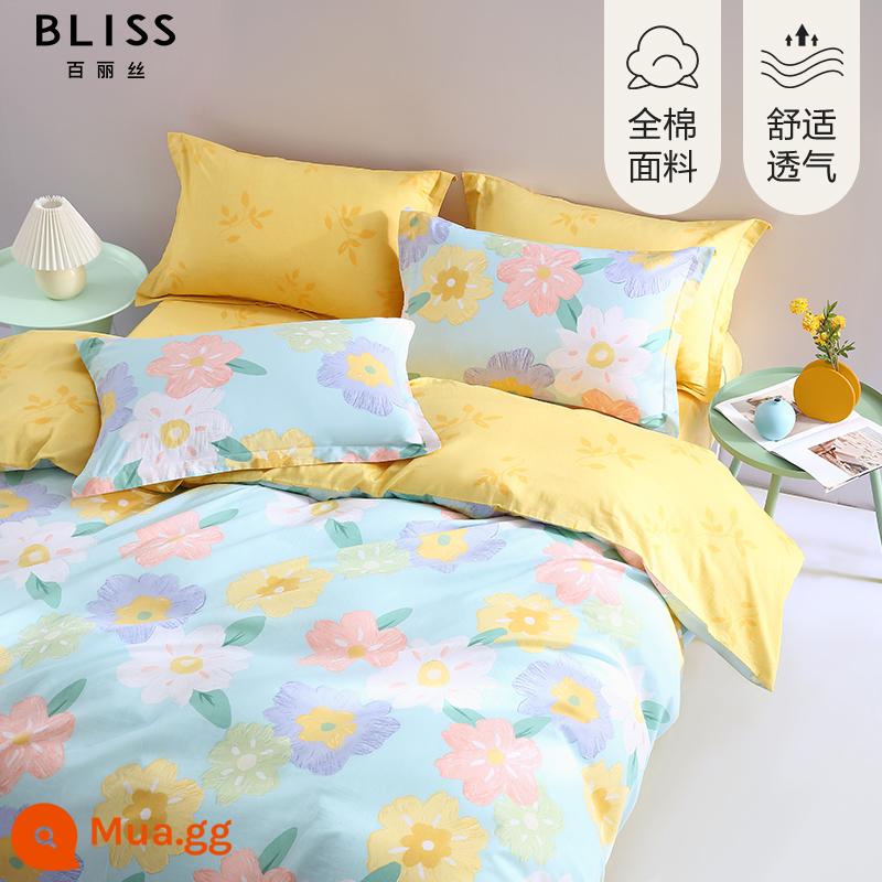 Giường Bellis Bộ 4 Cotton Nguyên Chất 100 Tờ Vỏ Chăn Vỏ Chăn Trang Bị Tấm Bộ Chăn Ga giường Đôi - Cảm nhận (100% cotton + mật độ và mật độ cao 40S + không dễ phai màu)