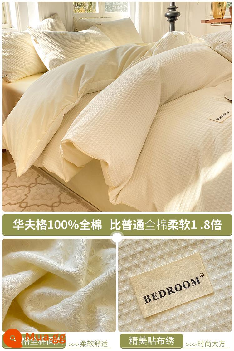 Giường bông Waffle 4 món 100 cotton chăn ga trải giường ký túc xá sinh viên khỏa thân ngủ chăn ga gối 3 món 4 - Màu trắng ngọc trai [100% cotton, thích hợp để ngủ khỏa thân]