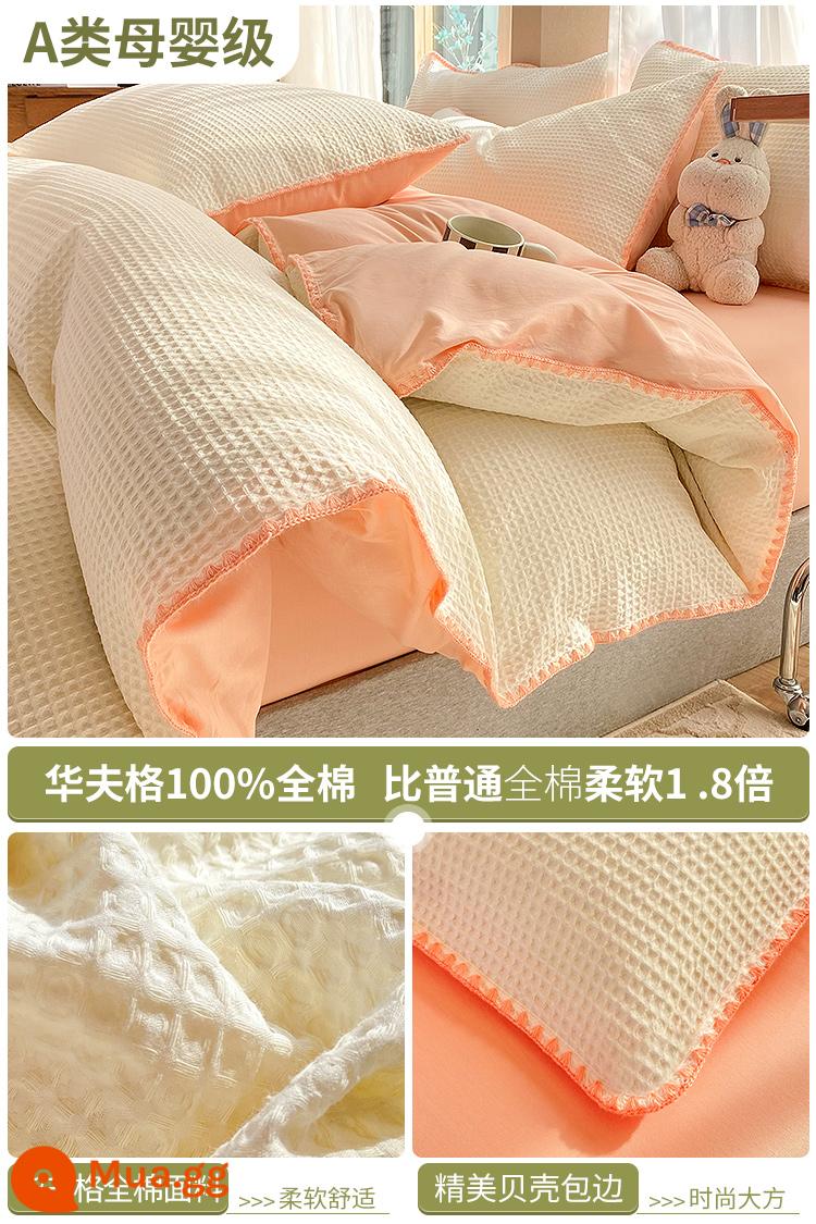 Giường bông Waffle 4 món 100 cotton chăn ga trải giường ký túc xá sinh viên khỏa thân ngủ chăn ga gối 3 món 4 - Vỏ nâng cấp viền trắng cam [100% cotton, thích hợp khi ngủ khỏa thân]